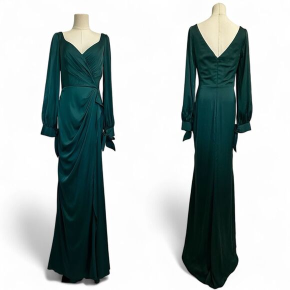 LaDivine Wrap-Effect Emerald Satin Gown 10 Formal Wedding Christmas Gala Glam - Picture 2 of 16